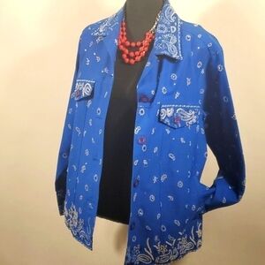 Quacker Factory Blue Handkerchief Print Sequins Jacket Button Size M